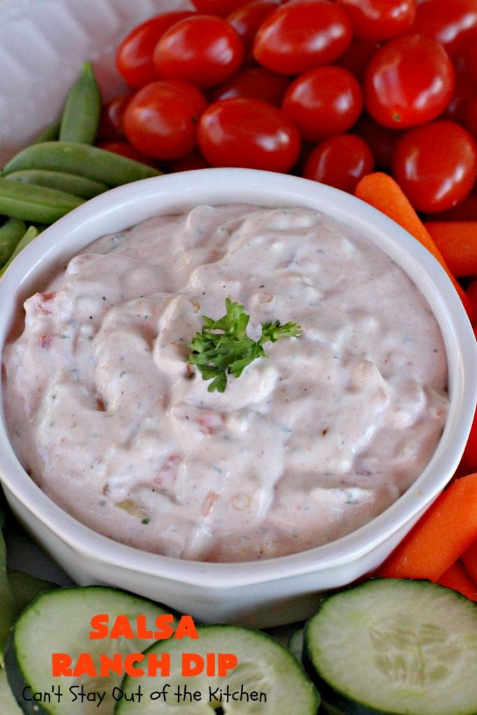 Salsa Ranch Dip | Can't Stay Out of the Kitchen | this fantastic #appetizer has only 5 ingredients. It's quick & easy to make & has delicious #TexMex flavors. Wonderful for #tailgating or #SuperBowl parties, potlucks or #holiday fare like #NewYearsDay. #salsa #GreenChilies #RanchDressingMix #SalsaRanchDip