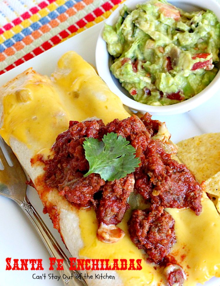 Santa Fe Enchiladas | Can't Stay Out of the Kitchen | these delicious #enchiladas have a #beef filling without beans. Then they're drenched in a cheesy #Velveeta sauce with #greenchilies & topped with more beef sauce. #Tex-Mex
