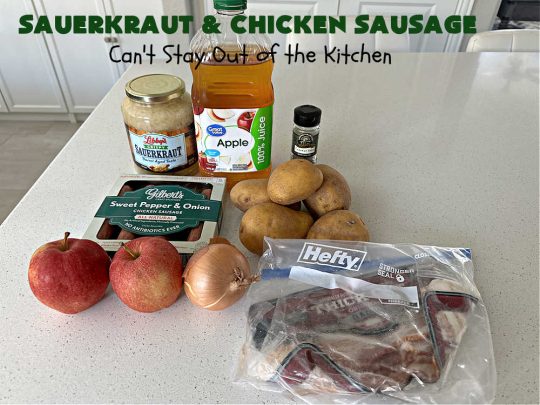 Sauerkraut and Chicken Sausage | Can't Stay Out of the Kitchen | every bite of this easy & delicious #MainDish #recipe is succulent & amazing. It's made with #sauerkraut, #apples, #ChickenSausage, #bacon, #potatoes, #CarawaySeeds & #AppleJuice. The combination of flavors is mouthwatering & irresistible. Takes only 40 minutes to whip up so it can be made in a snap for weeknight dinners. #pork #chicken #kielbasa #SmokedSausage #GlutenFree #SauerkrautAndChickenSausage