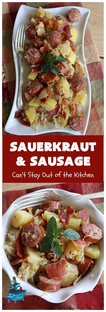 Sauerkraut and Sausage | Can't Stay Out of the Kitchen | this easy #MainDish #recipe is a great option for busy weeknight dinners. You'll enjoy the savory #pork flavors which include both #bacon & #kielbasa. Apples, #potatoes, #sauerkraut & #CarawaySeeds finish off this fantastic #SauerkrautAndSausage #entree. The savory & sweet flavors contrast so wonderfully that every bite is irresistible. #GlutenFree