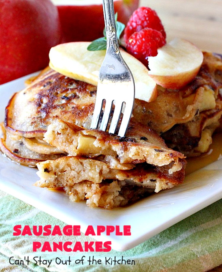 Sausage Apple Pancakes | Can't Stay Out of the Kitchen | these fantastic #ButtermilkPancakes include #sausage & sauteed #apples. They are so delicious, so hearty, so filling & so satisfying that your family will want these on your regular #breakfast menu. We served them to company for dinner! Terrific for #holidays like #Thanksgiving or #Christmas. #pork #pancakes #HolidayBreakfast #SausageApplePancakes