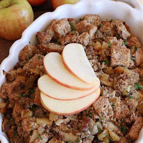 Sausage Apple Stuffing | Can't Stay Out of the Kitchen | this fantastic #stuffing #recipe is based on a #FannyFarmerCookbook recipe. It includes #sausage, #apples, #celery & it's made with a wholesome #EzekielBread. Perfect to serve with #chicken or #Turkey. #pork #Thanksgiving #Christmas #SausageAppleStuffing