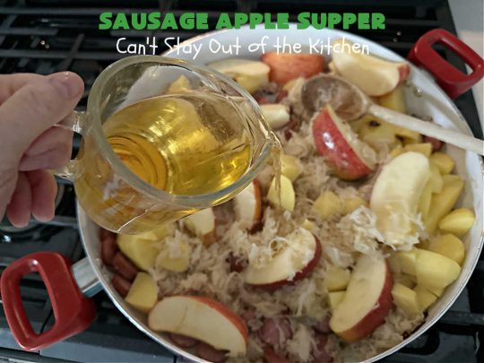 Sausage Apple Supper | Can't Stay Out of the Kitchen | this quick & easy #recipe is made with #Beef #Kielbasa & can be ready to serve in about 30 minutes. If you enjoy old-world recipes with #SmokedSausage, #sauerkraut & #apples, this #MainDish is marvelous & "lick-your-plate-clean" good! #potatoes #AppleJuice #GlutenFree #BeefKielbasa #SausageAppleSupper