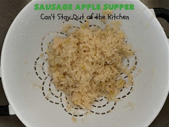 Sausage Apple Supper | Can't Stay Out of the Kitchen | this quick & easy #recipe is made with #Beef #Kielbasa & can be ready to serve in about 30 minutes. If you enjoy old-world recipes with #SmokedSausage, #sauerkraut & #apples, this #MainDish is marvelous & "lick-your-plate-clean" good! #potatoes #AppleJuice #GlutenFree #BeefKielbasa #SausageAppleSupper