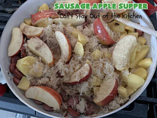 Sausage Apple Supper | Can't Stay Out of the Kitchen | this quick & easy #recipe is made with #Beef #Kielbasa & can be ready to serve in about 30 minutes. If you enjoy old-world recipes with #SmokedSausage, #sauerkraut & #apples, this #MainDish is marvelous & "lick-your-plate-clean" good! #potatoes #AppleJuice #GlutenFree #BeefKielbasa #SausageAppleSupper