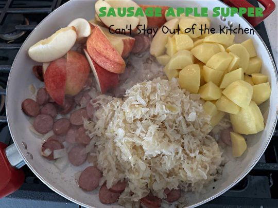 Sausage Apple Supper | Can't Stay Out of the Kitchen | this quick & easy #recipe is made with #Beef #Kielbasa & can be ready to serve in about 30 minutes. If you enjoy old-world recipes with #SmokedSausage, #sauerkraut & #apples, this #MainDish is marvelous & "lick-your-plate-clean" good! #potatoes #AppleJuice #GlutenFree #BeefKielbasa #SausageAppleSupper