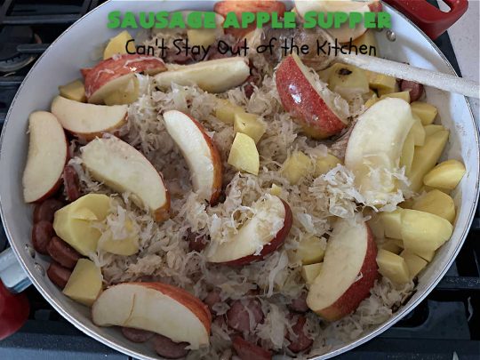 Sausage Apple Supper | Can't Stay Out of the Kitchen | this quick & easy #recipe is made with #Beef #Kielbasa & can be ready to serve in about 30 minutes. If you enjoy old-world recipes with #SmokedSausage, #sauerkraut & #apples, this #MainDish is marvelous & "lick-your-plate-clean" good! #potatoes #AppleJuice #GlutenFree #BeefKielbasa #SausageAppleSupper