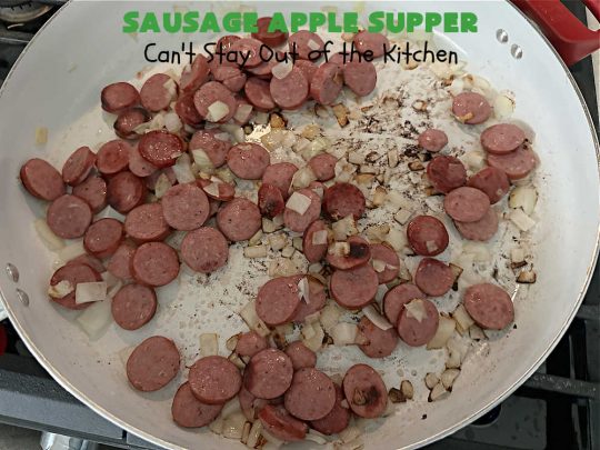 Sausage Apple Supper | Can't Stay Out of the Kitchen | this quick & easy #recipe is made with #Beef #Kielbasa & can be ready to serve in about 30 minutes. If you enjoy old-world recipes with #SmokedSausage, #sauerkraut & #apples, this #MainDish is marvelous & "lick-your-plate-clean" good! #potatoes #AppleJuice #GlutenFree #BeefKielbasa #SausageAppleSupper