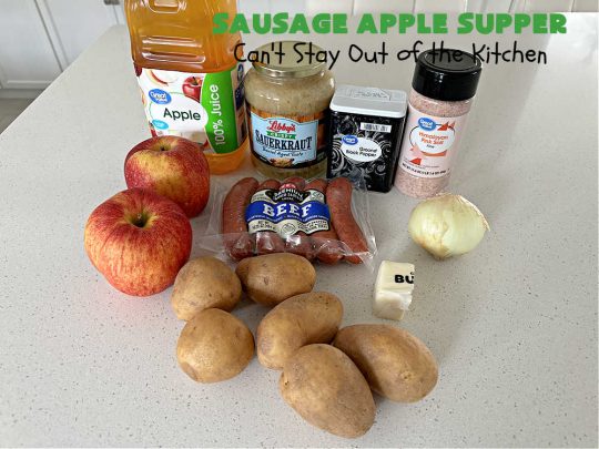 Sausage Apple Supper | Can't Stay Out of the Kitchen | this quick & easy #recipe is made with #Beef #Kielbasa & can be ready to serve in about 30 minutes. If you enjoy old-world recipes with #SmokedSausage, #sauerkraut & #apples, this #MainDish is marvelous & "lick-your-plate-clean" good! #potatoes #AppleJuice #GlutenFree #BeefKielbasa #SausageAppleSupper