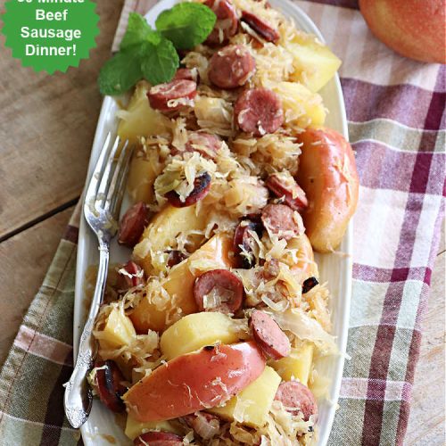 Sausage Apple Supper | Can't Stay Out of the Kitchen | this quick & easy #recipe is made with #Beef #Kielbasa & can be ready to serve in about 30 minutes. If you enjoy old-world recipes with #SmokedSausage, #sauerkraut & #apples, this #MainDish is marvelous & "lick-your-plate-clean" good! #potatoes #AppleJuice #GlutenFree #BeefKielbasa #SausageAppleSupper