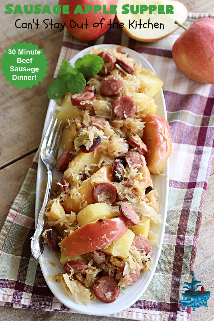 Sausage Apple Supper | Can't Stay Out of the Kitchen | this quick & easy #recipe is made with #Beef #Kielbasa & can be ready to serve in about 30 minutes. If you enjoy old-world recipes with #SmokedSausage, #sauerkraut & #apples, this #MainDish is marvelous & "lick-your-plate-clean" good! #potatoes #AppleJuice #GlutenFree #BeefKielbasa #SausageAppleSupper