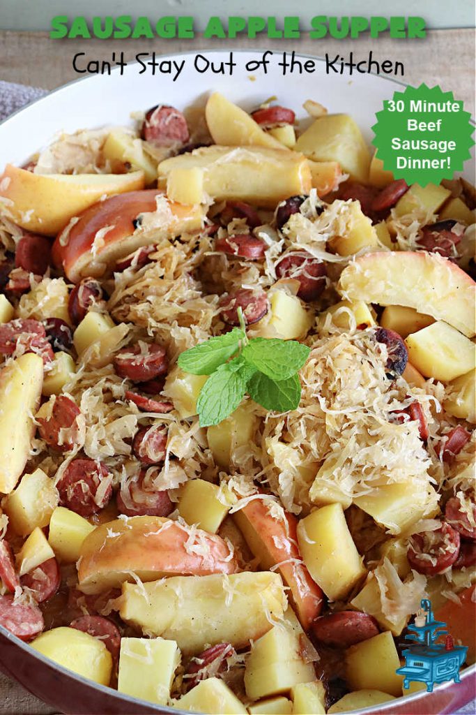 Sausage Apple Supper | Can't Stay Out of the Kitchen | this quick & easy #recipe is made with #Beef #Kielbasa & can be ready to serve in about 30 minutes. If you enjoy old-world recipes with #SmokedSausage, #sauerkraut & #apples, this #MainDish is marvelous & "lick-your-plate-clean" good! #potatoes #AppleJuice #GlutenFree #BeefKielbasa #SausageAppleSupper