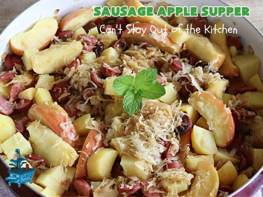 Sausage Apple Supper | Can't Stay Out of the Kitchen | this quick & easy #recipe is made with #Beef #Kielbasa & can be ready to serve in about 30 minutes. If you enjoy old-world recipes with #SmokedSausage, #sauerkraut & #apples, this #MainDish is marvelous & "lick-your-plate-clean" good! #potatoes #AppleJuice #GlutenFree #BeefKielbasa #SausageAppleSupper