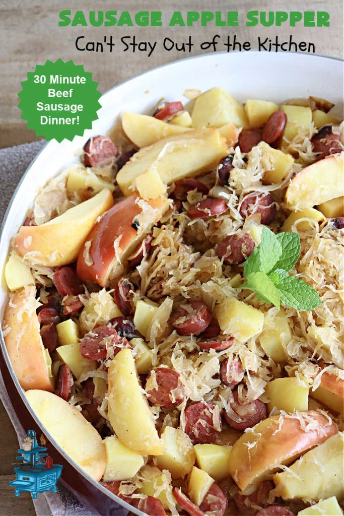 Sausage Apple Supper | Can't Stay Out of the Kitchen | this quick & easy #recipe is made with #Beef #Kielbasa & can be ready to serve in about 30 minutes. If you enjoy old-world recipes with #SmokedSausage, #sauerkraut & #apples, this #MainDish is marvelous & "lick-your-plate-clean" good! #potatoes #AppleJuice #GlutenFree #BeefKielbasa #SausageAppleSupper