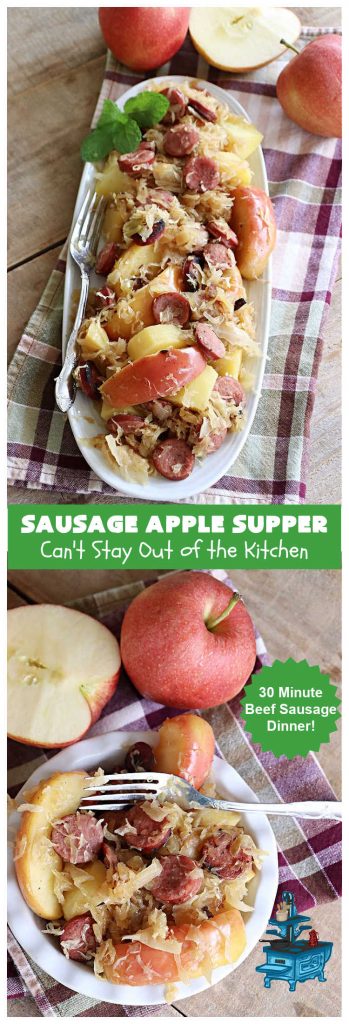 Sausage Apple Supper | Can't Stay Out of the Kitchen | this quick & easy #recipe is made with #Beef #Kielbasa & can be ready to serve in about 30 minutes. If you enjoy old-world recipes with #SmokedSausage, #sauerkraut & #apples, this #MainDish is marvelous & "lick-your-plate-clean" good! #potatoes #AppleJuice #GlutenFree #BeefKielbasa #SausageAppleSupper