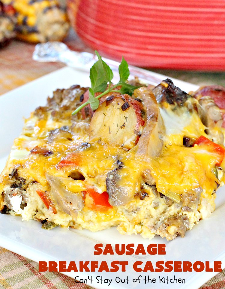 Sausage Breakfast Casserole | Can't Stay Out of the Kitchen | this is an amped up version of a #holiday #breakfast #casserole with #sausage, fried #potatoes, bell peppers, #mushrooms & loads of #cheddarcheese. We love it for #Christmas or #NewYearsDay breakfast because you can make it the night before & pop it in the oven an hour before you need it! #pork #ChristmasBreakfast #HolidayBreakfast #brunch #glutenfree #GlutenFreeBreakfastCasserole
