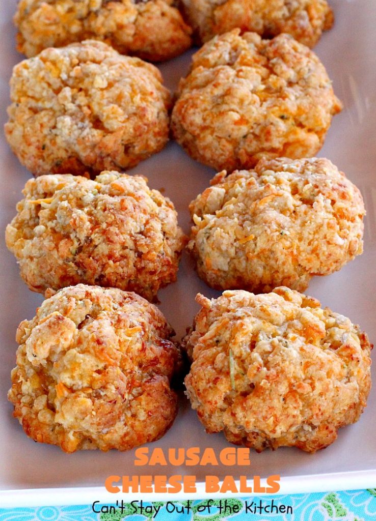 Sausage Cheese Balls | Can't Stay Out of the Kitchen | these fantastic #SausageBalls are terrific as an #appetizer for #Tailgating parties, potlucks or the #SuperBowl! They're also wonderful for #Breakfast. #Holiday #HolidayBreakfast #HolidayAppetizer #pork #Sausage #CheddarCheese #Bisquick