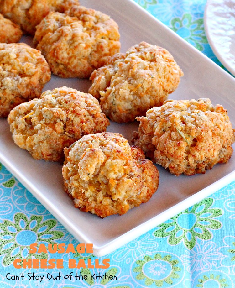 Sausage Cheese Balls | Can't Stay Out of the Kitchen | these fantastic #SausageBalls are terrific as an #appetizer for #Tailgating parties, potlucks or the #SuperBowl! They're also wonderful for #Breakfast. #Holiday #HolidayBreakfast #HolidayAppetizer #pork #Sausage #CheddarCheese #Bisquick 