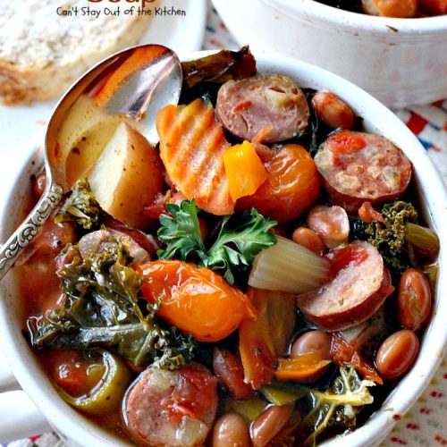 Slow Cooker Sausage, Kale and Bean Soup | Can't Stay Out of the Kitchen | this delicious #soup uses #chicken #sausage & lots of fresh #veggies. Plus it's made in the #slowcooker so it's quick & easy. Healthy, low calorie & #glutenfree.