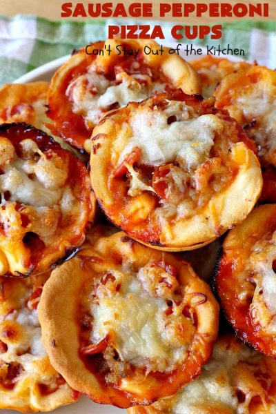 Sausage Pepperoni Pizza Cups | Can't Stay Out of the Kitchen | these outrageous miniature #pizzas are terrific for #holiday parties, #NewYearsDay, #tailgating parties & the #SuperBowl. This amazing 5-ingredient #recipe will rock your world! Every bite is sumptuous & irresistible. #sausage #pepperoni #MozzarellaCheese #MiniaturePizza #SausagePepperoniPizzaCups