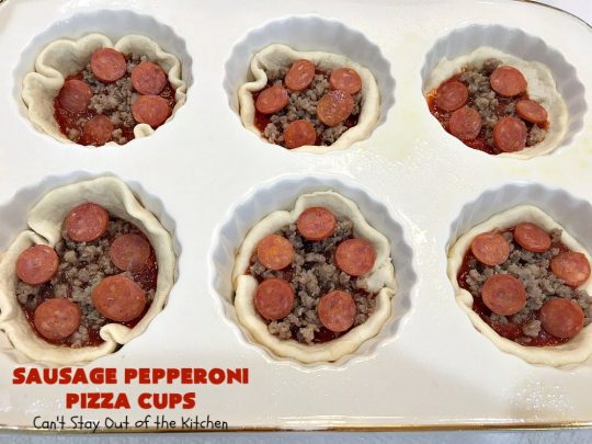 Sausage Pepperoni Pizza Cups | Can't Stay Out of the Kitchen | these outrageous miniature #pizzas are terrific for #holiday parties, #NewYearsDay, #tailgating parties & the #SuperBowl. This amazing 5-ingredient #recipe will rock your world! Every bite is sumptuous & irresistible. #sausage #pepperoni #MozzarellaCheese #MiniaturePizza #SausagePepperoniPizzaCups