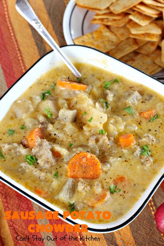 Sausage Potato Chowder | Can't Stay Out of the Kitchen | this delicious #chowder uses fried #sausage, seasoned #potatoes & #carrots. It's absolutely fantastic comfort food & wonderful for cool, fall or winter nights. #soup #GlutenFree #pork #GlutenFreeSoup #SausagePotatoChowder #crockpot #CrockpotSoupRecipe