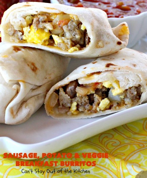 Sausage, Potato and Veggie Breakfast Burritos | Can't Stay Out of the Kitchen | these #BreakfastBurritos are fantastic. Every mouthful will have you drooling. Plus, they can be made up in advance & then popped in the microwave before heading out to work! #sausage #pork #eggs #cheese #potatoes #mushrooms #tortillas #TexMex #breakfast #HolidayBreakfast #SausagePotatoAndVeggieBreakfastBurritos