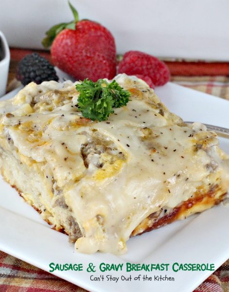 Sausage and Gravy Biscuit Casserole | Can't Stay Out of the Kitchen | one of the BEST #breakfast #casseroles you'll ever eat. This one tastes just like eating #sausage #biscuits and #gravy!