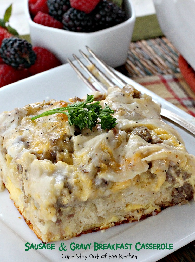 Sausage and Gravy Biscuit Casserole | Can't Stay Out of the Kitchen | one of the BEST #breakfast #casseroles you'll ever eat. This one tastes just like eating #sausage #biscuits and #gravy!