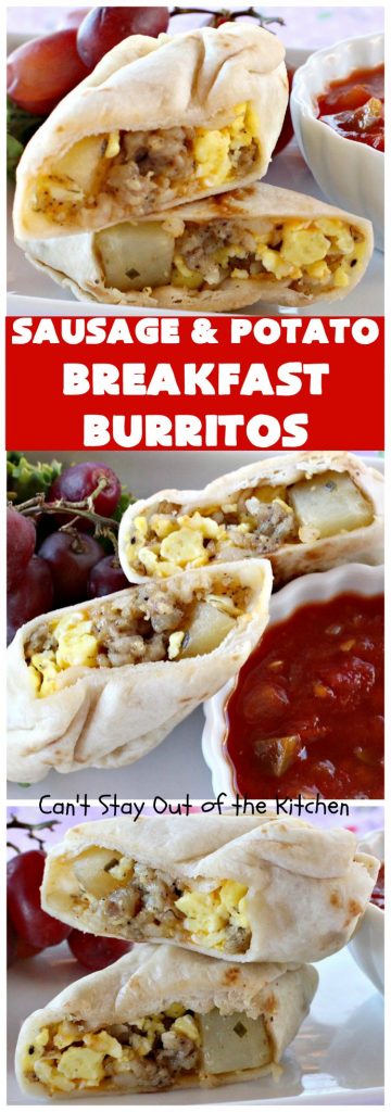 Sausage and Potato Breakfast Burritos | Can't Stay Out of the Kitchen | These fabulous #BreakfastBurritos can be made in advance. Then just microwave them before you leave for work. They include #sausage, #CheddarCheese, #eggs & seasoned #potatoes. Serve with your favorite #salsa, #PicoDeGallo or even #Guacamole! We love this amazing #TexMex #breakfast. #tortillas #SausageAndPotatoBreakfastBurritos