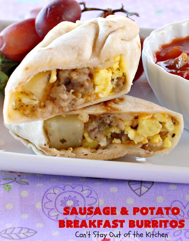 Sausage and Potato Breakfast Burritos | Can't Stay Out of the Kitchen | These fabulous #BreakfastBurritos can be made in advance. Then just microwave them before you leave for work. They include #sausage, #CheddarCheese, #eggs & seasoned #potatoes. Serve with your favorite #salsa, #PicoDeGallo or even #Guacamole! We love this amazing #TexMex #breakfast. #tortillas #SausageAndPotatoBreakfastBurritos
