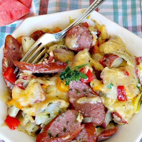 Sausage and Potato Skillet | Can't Stay Out of the Kitchen | this delicious one-dish supper is super quick and easy to make. I used nitrate-free #sausage #redpotatoes & #goudacheese. #pork