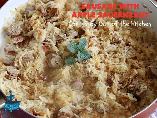 Sausage with Apple Sauerkraut | Can't Stay Out of the Kitchen | this is a terrific way to enjoy #PolishSausage, #apples & #sauerkraut especially if you need to get dinner on the table quickly. This #30MinuteRecipe is seasoned wonderfully with grated #apples, #AppleJuice, #CarawaySeed & #FennelSeed. The #onions are #caramelized quickly & make this #pork #entree even better. #GlutenFree #sausage #SausageWithAppleSauerkraut