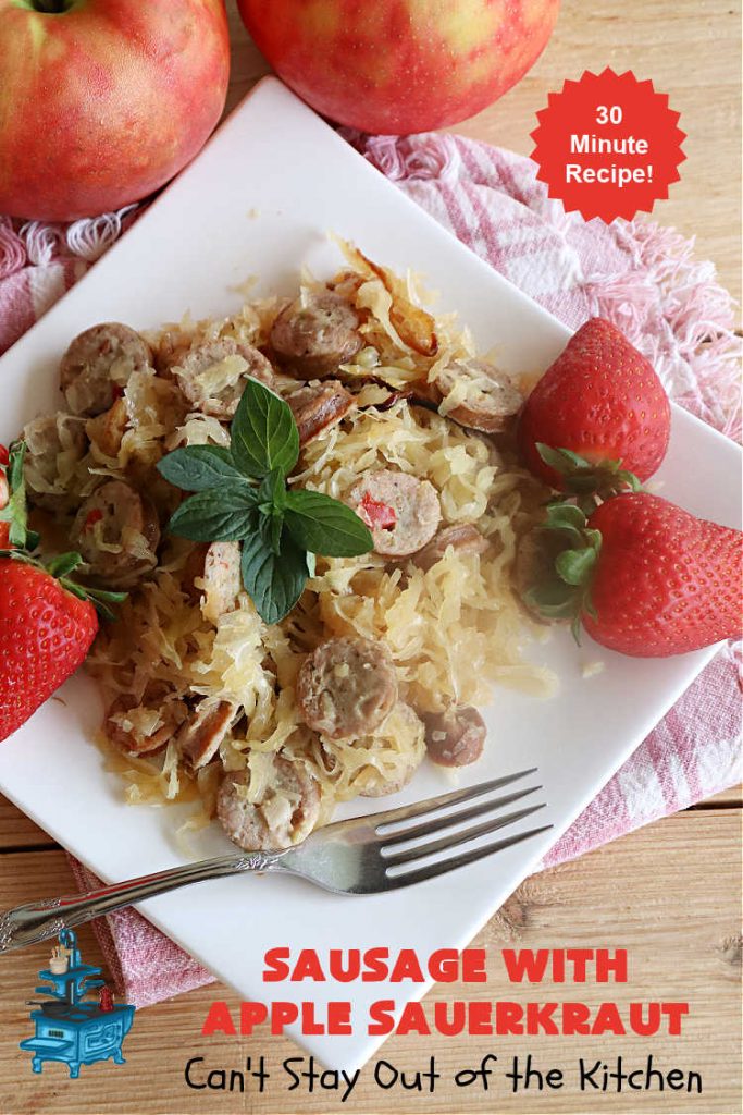 Sausage with Apple Sauerkraut | Can't Stay Out of the Kitchen | this is a terrific way to enjoy #PolishSausage, #apples & #sauerkraut especially if you need to get dinner on the table quickly. This #30MinuteRecipe is seasoned wonderfully with grated #apples, #AppleJuice, #CarawaySeed & #FennelSeed. The #onions are #caramelized quickly & make this #pork #entree even better. #GlutenFree #sausage #SausageWithAppleSauerkraut