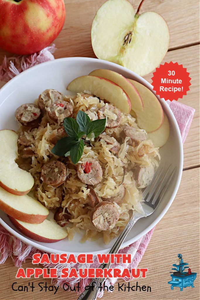 Sausage with Apple Sauerkraut | Can't Stay Out of the Kitchen | this is a terrific way to enjoy #PolishSausage, #apples & #sauerkraut especially if you need to get dinner on the table quickly. This #30MinuteRecipe is seasoned wonderfully with grated #apples, #AppleJuice, #CarawaySeed & #FennelSeed. The #onions are #caramelized quickly & make this #pork #entree even better. #GlutenFree #sausage #SausageWithAppleSauerkraut