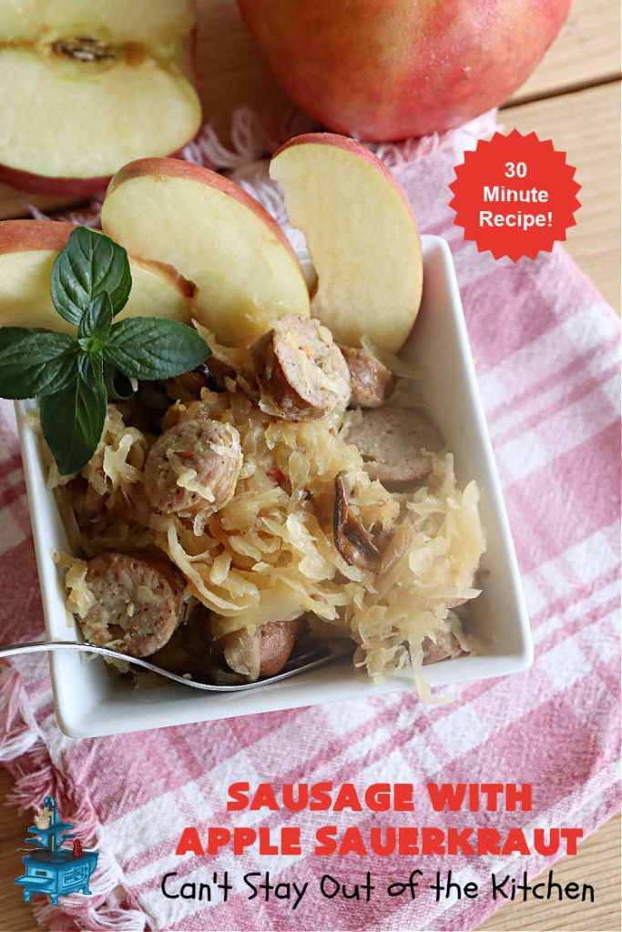 Sausage with Apple Sauerkraut | Can't Stay Out of the Kitchen | this is a terrific way to enjoy #PolishSausage, #apples & #sauerkraut especially if you need to get dinner on the table quickly. This #30MinuteRecipe is seasoned wonderfully with grated #apples, #AppleJuice, #CarawaySeed & #FennelSeed. The #onions are #caramelized quickly & make this #pork #entree even better. #GlutenFree #sausage #SausageWithAppleSauerkraut