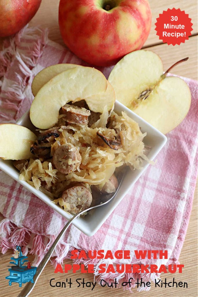 Sausage with Apple Sauerkraut | Can't Stay Out of the Kitchen | this is a terrific way to enjoy #PolishSausage, #apples & #sauerkraut especially if you need to get dinner on the table quickly. This #30MinuteRecipe is seasoned wonderfully with grated #apples, #AppleJuice, #CarawaySeed & #FennelSeed. The #onions are #caramelized quickly & make this #pork #entree even better. #GlutenFree #sausage #SausageWithAppleSauerkraut