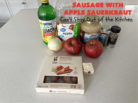 Sausage with Apple Sauerkraut | Can't Stay Out of the Kitchen | this is a terrific way to enjoy #PolishSausage, #apples & #sauerkraut especially if you need to get dinner on the table quickly. This #30MinuteRecipe is seasoned wonderfully with grated #apples, #AppleJuice, #CarawaySeed & #FennelSeed. The #onions are #caramelized quickly & make this #pork #entree even better. #GlutenFree #sausage #SausageWithAppleSauerkraut