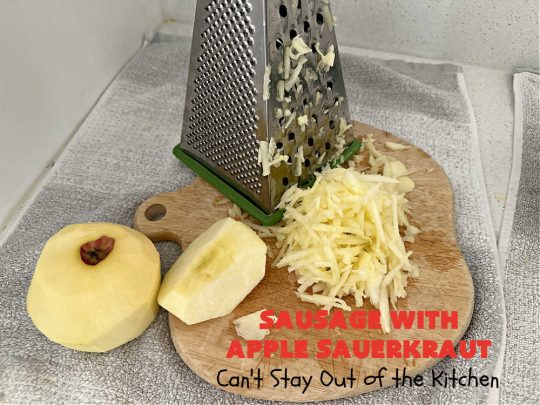 Sausage with Apple Sauerkraut | Can't Stay Out of the Kitchen | this is a terrific way to enjoy #PolishSausage, #apples & #sauerkraut especially if you need to get dinner on the table quickly. This #30MinuteRecipe is seasoned wonderfully with grated #apples, #AppleJuice, #CarawaySeed & #FennelSeed. The #onions are #caramelized quickly & make this #pork #entree even better. #GlutenFree #sausage #SausageWithAppleSauerkraut