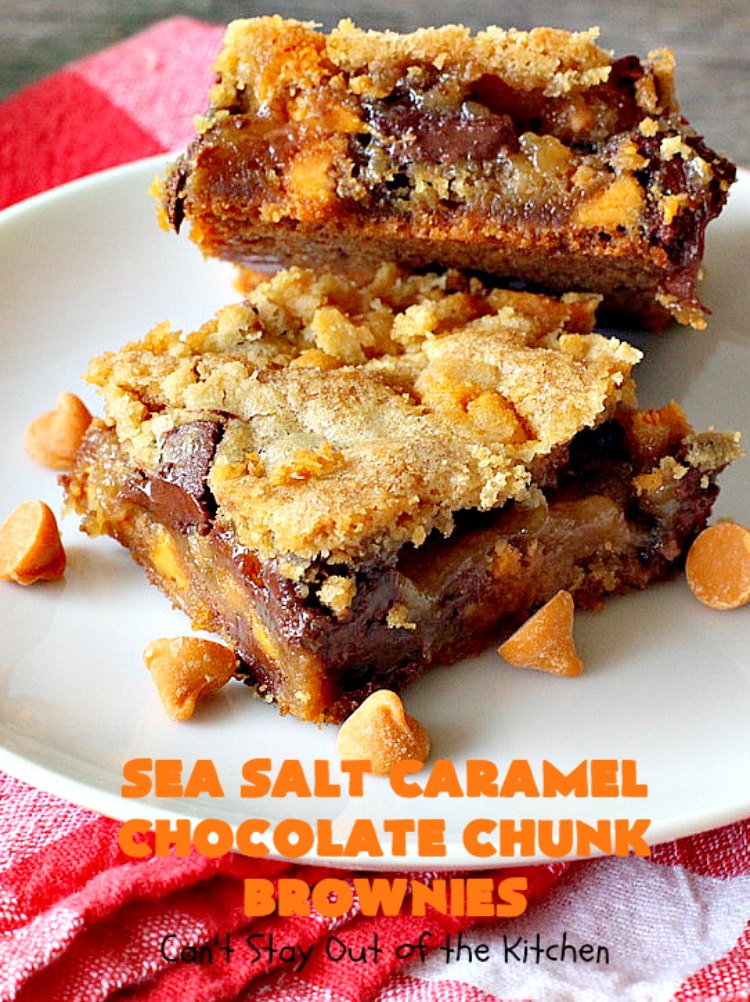 Sea Salt Caramel Chocolate Chunk Brownies | Can't Stay Out of the Kitchen | these fantastic #brownies are so rich & decadent. They're filled with #seasaltcaramel chips & #chocolate chunks. They're perfect for #tailgating parties, potlucks or summer #holiday fun. #dessert #caramel 
