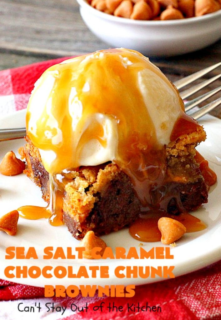 Sea Salt Caramel Chocolate Chunk Brownies | Can't Stay Out of the Kitchen | these fantastic #brownies are so rich & decadent. They're filled with #seasaltcaramel chips & #chocolate chunks. They're perfect for #tailgating parties, potlucks or summer #holiday fun. #dessert #caramel 