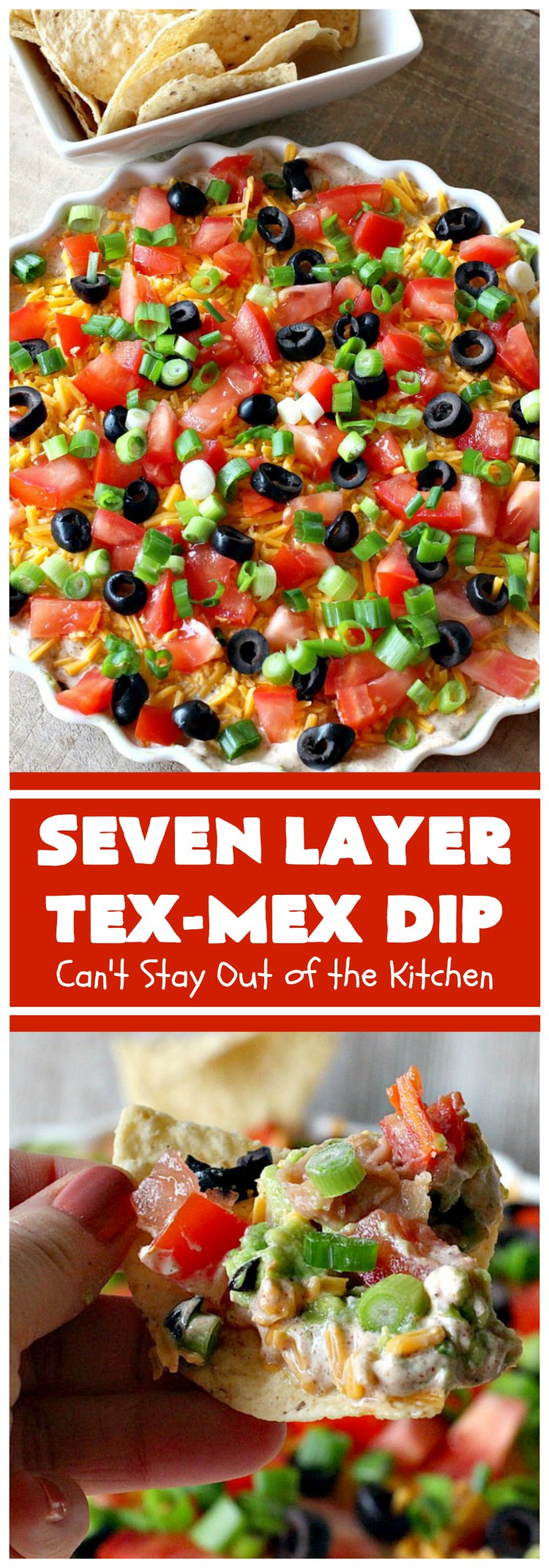 Seven Layer Tex-Mex Dip | Can't Stay Out of the Kitchen | this awesome #TexMex #dip is out of this world. It's terrific for any kind of company or #holiday party. We like it for #tailgating parties & potlucks. Also great for summer #holidays like #FourthOfJuly. #GlutenFree #Mexican #TexMexDip #LayeredMexicanDip #RefriedBeans #Jalapenos #Olives #CheddarCheese #Guacamole #TortillaChips #tomatoes #Avocados #SevenLayerTexMexDip #appetizer #TexMexAppetizer