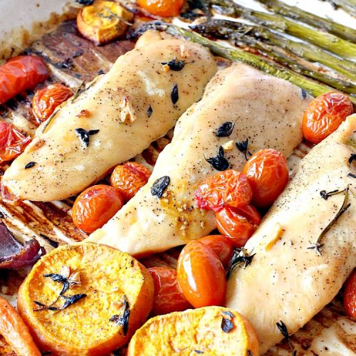 Sheet Pan Chicken and Vegetables with Herb Vinaigrette | Can't Stay Out of the Kitchen | this amazing one-dish meal has a delicious #HerbVinaigrette baked into the #chicken & #vegetables. Easy & delicious. #asparagus #carrots #potatoes #tomatoes #SweetPotatoes #healthy #LowCalorie #GlutenFree #SheetPanDinner #EasyOneDishMeal #SheetPanChickenAndVegetablesWithHerbVinaigrette