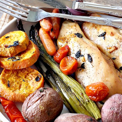 Sheet Pan Chicken and Vegetables with Herb Vinaigrette | Can't Stay Out of the Kitchen | this amazing one-dish meal has a delicious herb Vinaigrette baked into the #chicken & #vegetables. Easy & delicious. #glutenfree