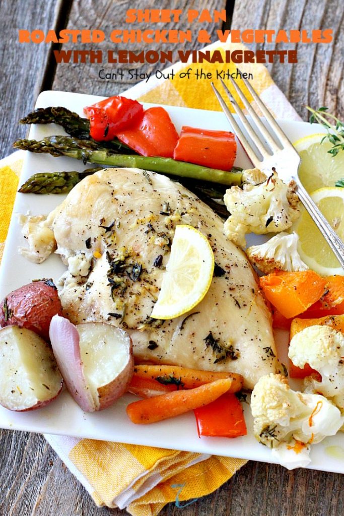 Sheet Pan Roasted Chicken and Vegetables with Lemon Vinaigrette | Can't Stay Out of the Kitchen | amazing one-pan meal with a delicious #lemon #vinaigrette drizzled over the top. #chicken #carrots #butternutsquash #cauliflower #asparagus #glutenfree
