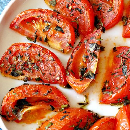 Skinny Roasted Vine-Ripe Tomatoes | Can't Stay Out of the Kitchen | fantastic #sidedish that's wonderful for any occasion including company. Uses #tomatoes & fresh herbs. Tomatoes made this way are so, so mouthwatering. #vegan #glutenfree #healthy #lowcalorie