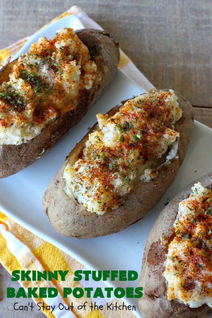 Skinny Stuffed Baked Potatoes | Can't Stay Out of the Kitchen | this skinny version of #BakedPotatoes is absolutely wonderful. The seasonings give the #potatoes so much flavor instead of all the calories with cheese or bacon. Terrific side dish for any entree. Also great for company or #holiday dinners. #Healthy #LowCalorie #GlutenFree  #CleanEating #StuffedBakedPotatoes #HolidayDinner #SkinnyStuffedBakedPotatoes #Thanksgiving