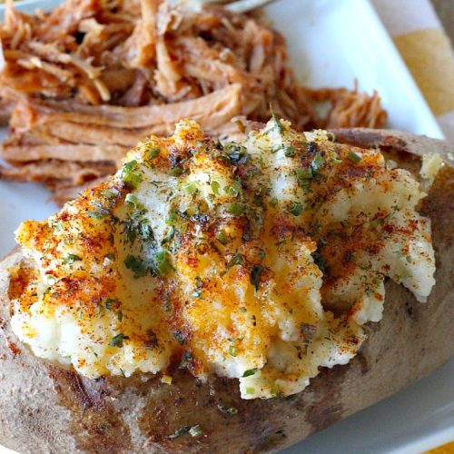 Skinny Stuffed Baked Potatoes | Can't Stay Out of the Kitchen | this skinny version of #BakedPotatoes is absolutely wonderful. The seasonings give the #potatoes so much flavor instead of all the calories with cheese or bacon. Terrific side dish for any entree. Also great for company or #holiday dinners. #Healthy #LowCalorie #GlutenFree #CleanEating #StuffedBakedPotatoes #HolidayDinner #SkinnyStuffedBakedPotatoes #Thanksgiving