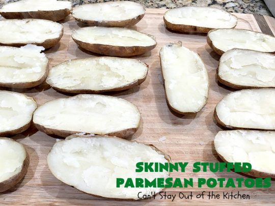 Skinny Stuffed Parmesan Potatoes | This easy #potato #recipe is a terrific way to enjoy #BakedPotatoes without all the calories. Only 150 calories per serving! Perfect #SideDish for #holidays like #FathersDay or special occasion meals with company. #ParmesanCheese #SkinnyStuffedParmesanPotatoes #GlutenFree