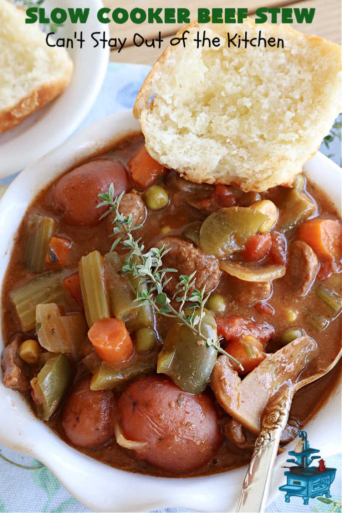 Slow Cooker Beef Stew | Can't Stay Out of the Kitchen | #SlowCookerBeefStew is a great, lazy day entree for cool, fall nights. It's especially good served with #HomemadeRolls. Tossing all the ingredients into the #SlowCooker makes this recipe so much easier on days when you're short on time. #BeefStew #beef, #potatoes, #carrots, #tomatoes #recipe #EasyBeefStewRecipe